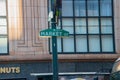 Green Market Street sign on a green pole with a large multi-pane window on an old office building in the background. Royalty Free Stock Photo