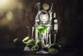 Green martini alcoholic cocktail in glass with dry gin, vermouth, liquor, lime zest and ice, steel bar tools, dark background Royalty Free Stock Photo