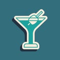 Green Martini glass icon isolated on green background. Cocktail icon. Wine glass icon. Long shadow style. Vector Royalty Free Stock Photo