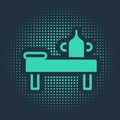 Green Massage table with oil icon isolated on blue background. Abstract circle random dots. Vector Royalty Free Stock Photo