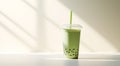 Green matcha bubble tea with ice cubes in cup on beige background. Antioxidant and dietary vegan cocktail for healthy breakfast