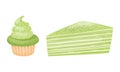 Green Matcha Dessert with Cake and Cupcake with Whipped Cream Vector Set
