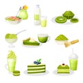 Green Matcha Desserts with Cake and Ice Cream Vector Set