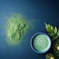 Green matcha drink cup and powder flat lay background