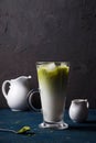 Green matcha powder milk and ice tea summer drink