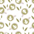 Green matcha seamless pattern.Matcha latte healthy drink. Herbal organic food. Japanese tea culture. Asian culture