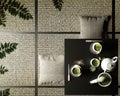 Green matcha tea, bamboo whisk, spoon and tea powder in low table on tatami mat. 3D rendering Royalty Free Stock Photo