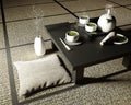 Green matcha tea, bamboo whisk, spoon and tea powder in low table on tatami mat. 3D rendering Royalty Free Stock Photo