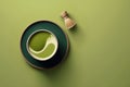 Green matcha tea in a bowl on green background. 3d rendering