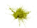 Green matcha tea powder explosion,white background Royalty Free Stock Photo