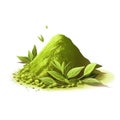 Green Matcha Tea Powder Heap with Tea Leaf. Pile of Maccha or Green Wheat Powder for Healthy Drink