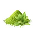 Green Matcha Tea Powder Heap with Tea Leaf. Pile of Maccha or Green Wheat Powder for Healthy Drink Royalty Free Stock Photo