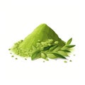 Green Matcha Tea Powder Heap with Tea Leaf. Pile of Maccha or Green Wheat Powder for Healthy Drink Royalty Free Stock Photo