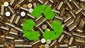 green material recycling sign, gold 4680 Batteries waste, accumulator cell recycling plant, Battery scrapyard, Toxic pollution