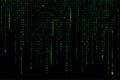 Green matrix background stream of binary code falling numbers on dark backdrop digital computer code coding Royalty Free Stock Photo