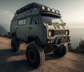 green matte 4x4 lifter vintage van conversion , nomadic lifestyle , offroad wheels, 3d render