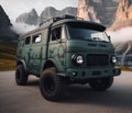 green matte 4x4 lifter vintage van conversion , nomadic lifestyle , offroad wheels, 3d render