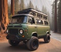 green matte 4x4 lifter vintage van conversion , nomadic lifestyle , offroad wheels, 3d render