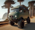 green matte 4x4 lifter vintage van conversion , nomadic lifestyle , offroad wheels, 3d render