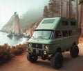 green matte 4x4 lifter vintage van conversion , nomadic lifestyle , offroad wheels, 3d render