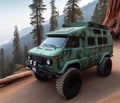 green matte 4x4 lifter vintage van conversion , nomadic lifestyle , offroad wheels, 3d render