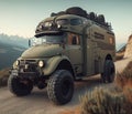 green matte 4x4 lifter vintage van conversion , nomadic lifestyle , offroad wheels, 3d render