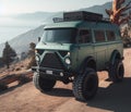 green matte 4x4 lifter vintage van conversion , nomadic lifestyle , offroad wheels, 3d render