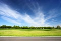 Green meadow and blue sky with asphalt road Royalty Free Stock Photo