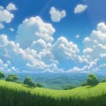 Green meadow and blue sky with white clouds. Nature background.