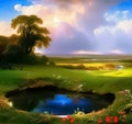 green meadow, with a circular blue pond, dark sky with sunrise at the horizon sky, and spring flowers on grass, generative AI Royalty Free Stock Photo