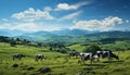 Green meadow, cows grazing, mountains, blue sky, peaceful rural scene generated by AI Royalty Free Stock Photo