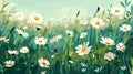 Green meadow with daisy and grass. Seasonal chamomile field, spring summer nature landscape. Cartoon park, floral vector