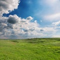 Green meadow and dramatic clouds in blue sky Royalty Free Stock Photo
