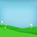 Green meadow with flowers. Flat paper art and craft style. Origami flowers. Minimal and clean design.