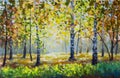 Autumn forest, white birch trees in autumn forest, golden autumn