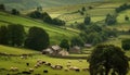 Green meadow with grazing cattle and sheep on a rustic farm generated by AI Royalty Free Stock Photo