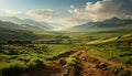 Green meadow, mountain peak, tranquil scene, sunrise generated by AI