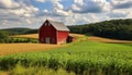 Green meadow, rustic barn, blue sky, tranquil scene generated by AI Royalty Free Stock Photo