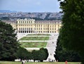 Green meadow slope, two rows of trees, beautiful flowerbeds, Schonbrunn Palace and a part of Vienna in the background.