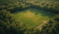 Green meadow, tree, and forest in aerial view generated by AI