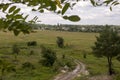 Green meadow with trees and houses far away. Small town Royalty Free Stock Photo