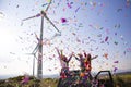 Green meadow with two wind turbine generating electricity Royalty Free Stock Photo