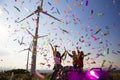 Green meadow with two wind turbine generating electricity Royalty Free Stock Photo