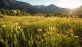 Green meadow, yellow daisies, sunset sky, nature tranquil beauty generated by AI Royalty Free Stock Photo