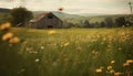 Green meadow, yellow flowers, tranquil rustic scene generated by AI