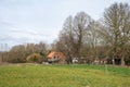 Green meadows and agriculture fields with farmhouses in the background during spring around Ternat, Belgium Royalty Free Stock Photo