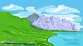Green meadows, lake, with mountains landscape. Cartoon panorama of spring and summer nature, green meadows meadows with
