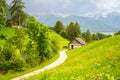 Green meadows with rural road, wooden house, mountains and forest on backgound at sunset in summer, Italy Royalty Free Stock Photo