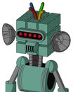 Green Mech With Cube Head And Speakers Mouth And Visor Eye And Wire Hair