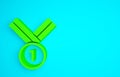 Green Medal golf icon isolated on blue background. Winner achievement sign. Award medal. Minimalism concept. 3d